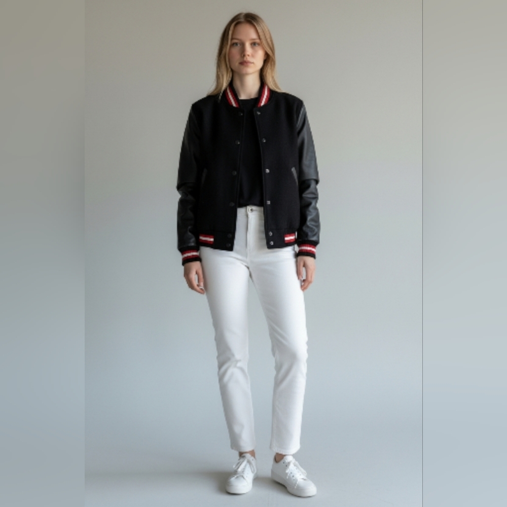 Coach Black Varsity Jacket with Athletic Stripe Accents Misses Size Small